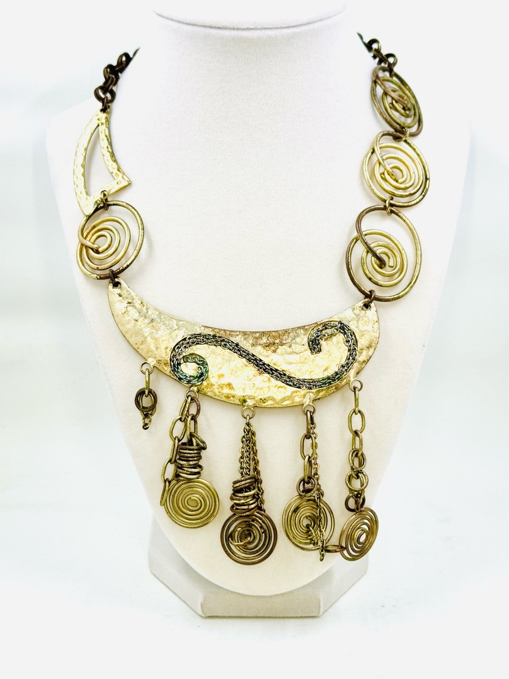 FM Gold-Tone Hammered Abstract Statement Necklace with Spiral Dangling Charms